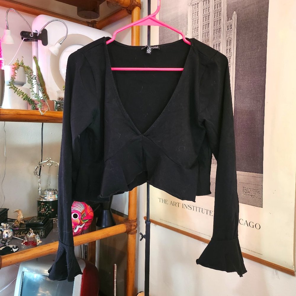 Dolls Kill black ruffle-sleeve crop top with deep v, XL by CURRENT MOOD